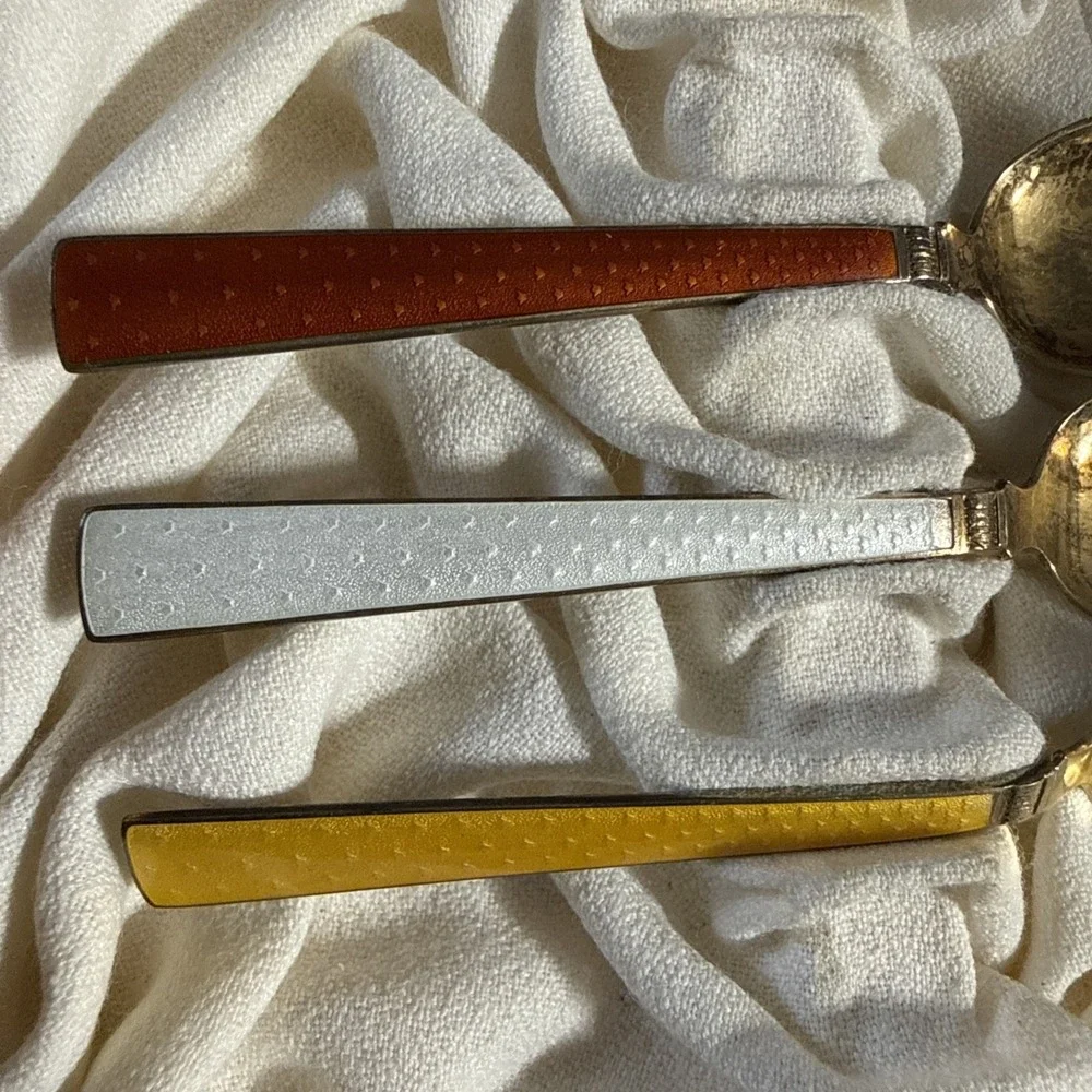 Vintage Norway Sterling Silver Guilloche Enamel Spoons Set 6 Box Th Marthinsen